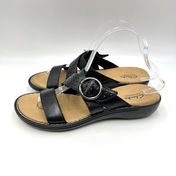 Clarks Womens Size 8 Black Leather Slip On Slides Comfort Sandals Shoes - Picture 6 of 13